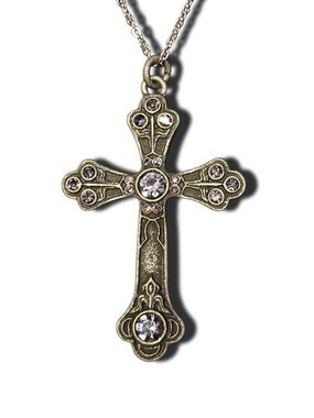 A Gothic Romance - Antique Silver Rhinestone Crucifix Double Layer Necklace